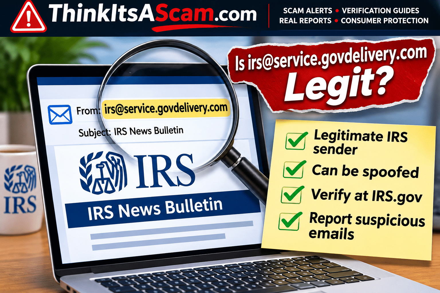 Editorial illustration of the IRS GovDelivery sender address and verification warning