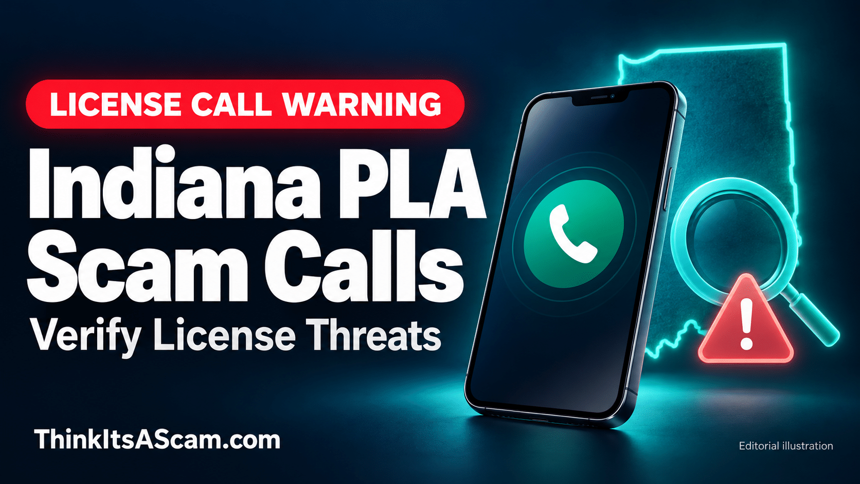 Editorial illustration of a phone, magnifying glass and Indiana outline beside Indiana PLA Scam Calls: Verify License Threats.