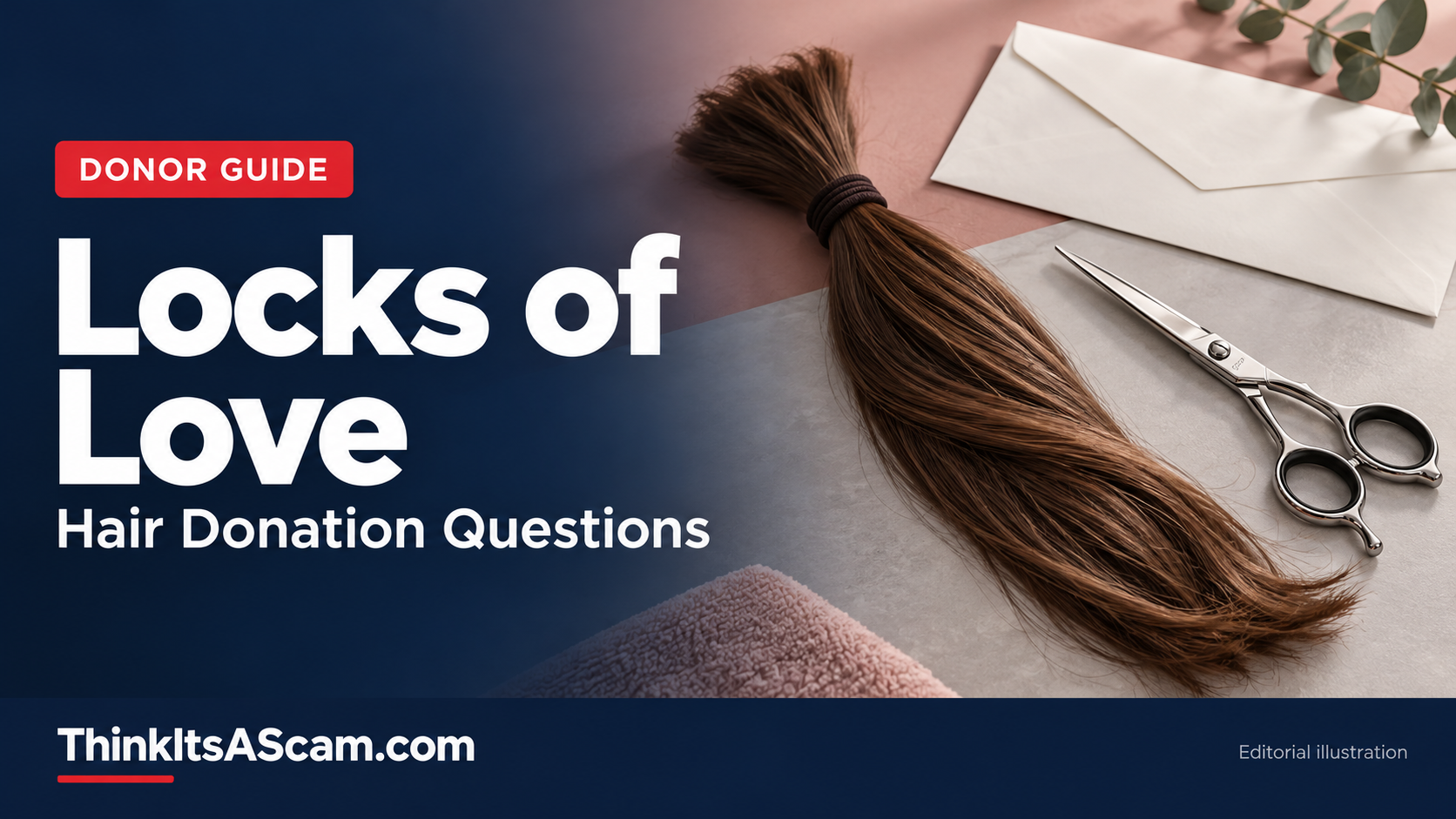 Locks of Love hair donation questions, illustrated with a tied ponytail, closed scissors and blank envelope.
