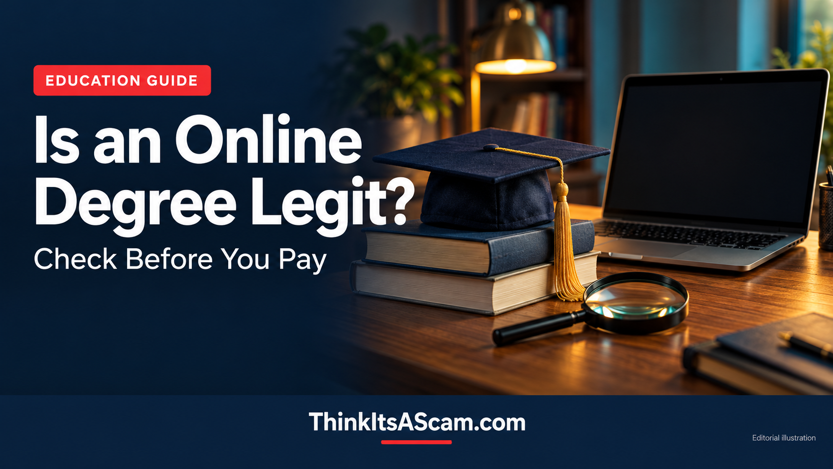 Online degree verification guide illustrated with a graduation cap, books, blank-screen laptop and magnifying glass.