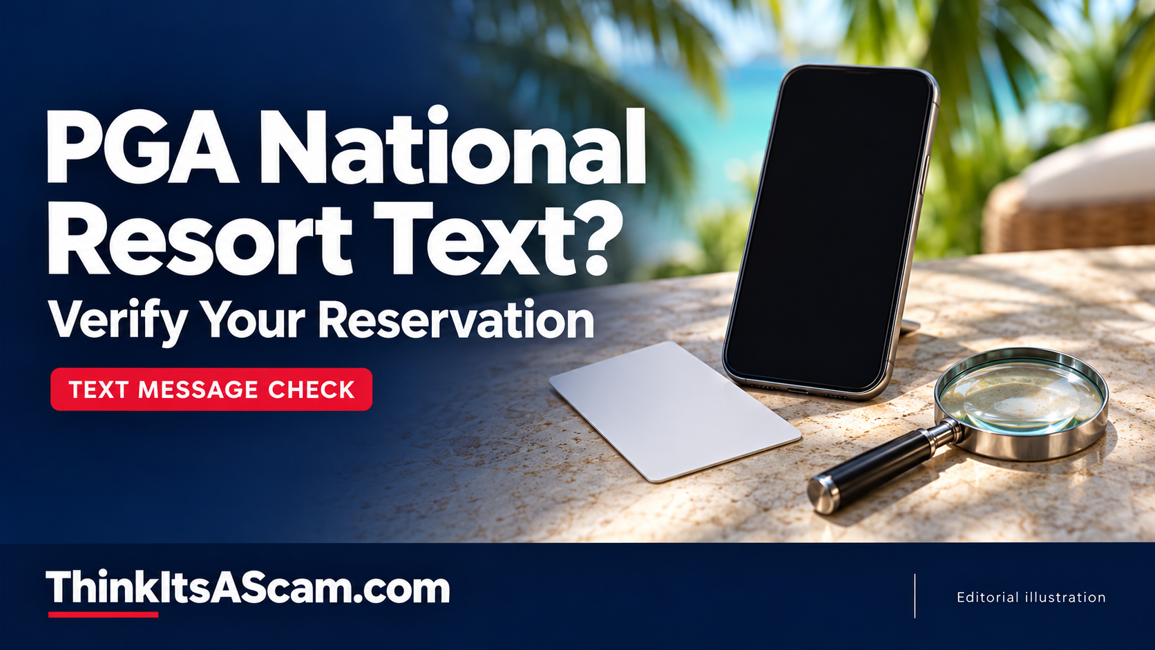 Reservation text verification guide illustrated with a blank-screen phone and unmarked key card in a tropical setting.