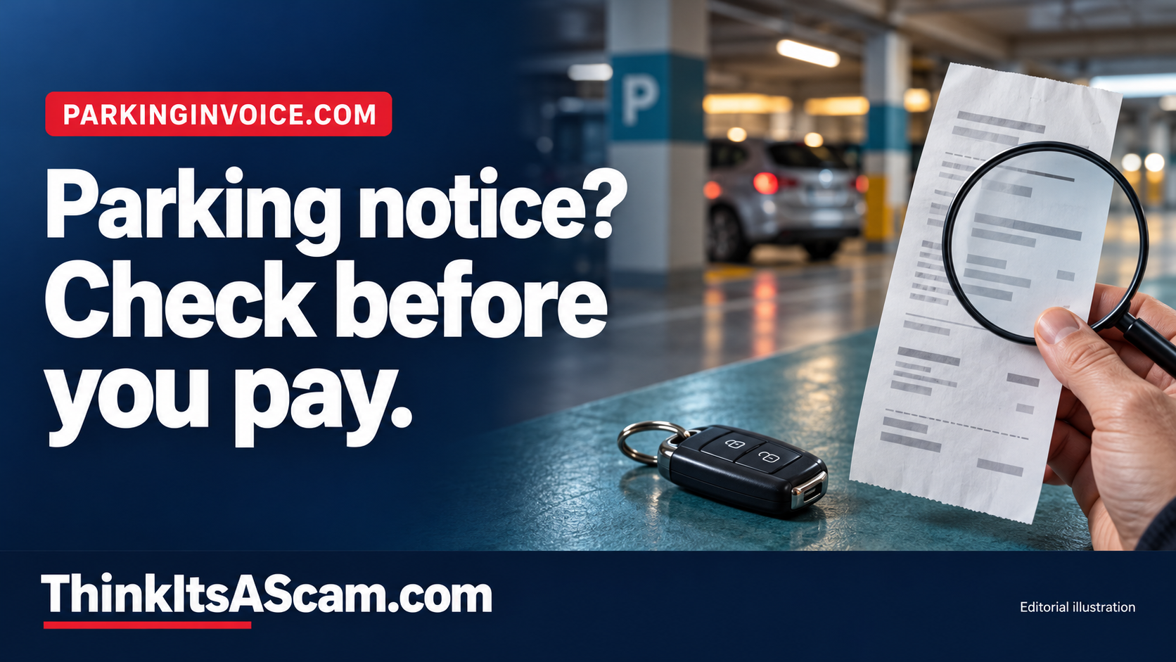 Editorial illustration of a receipt, magnifying glass and car key in a parking garage, with a reminder to check a parking notice before paying.