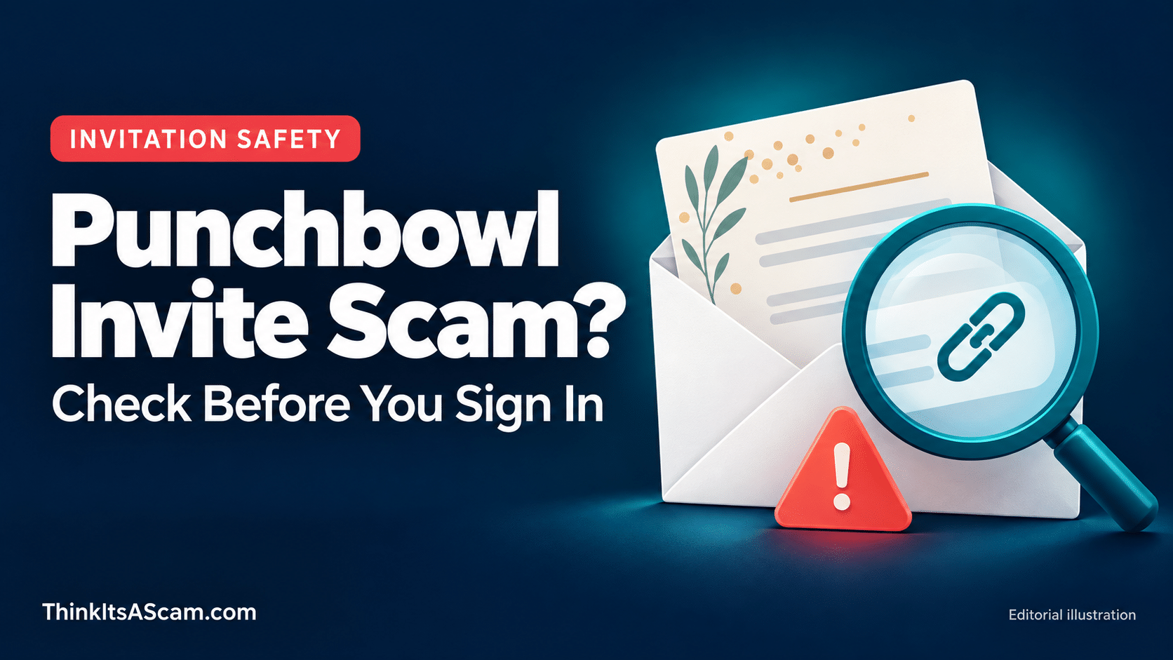 Editorial illustration of an invitation envelope and magnifying glass beside Punchbowl Invite Scam? Check Before You Sign In.