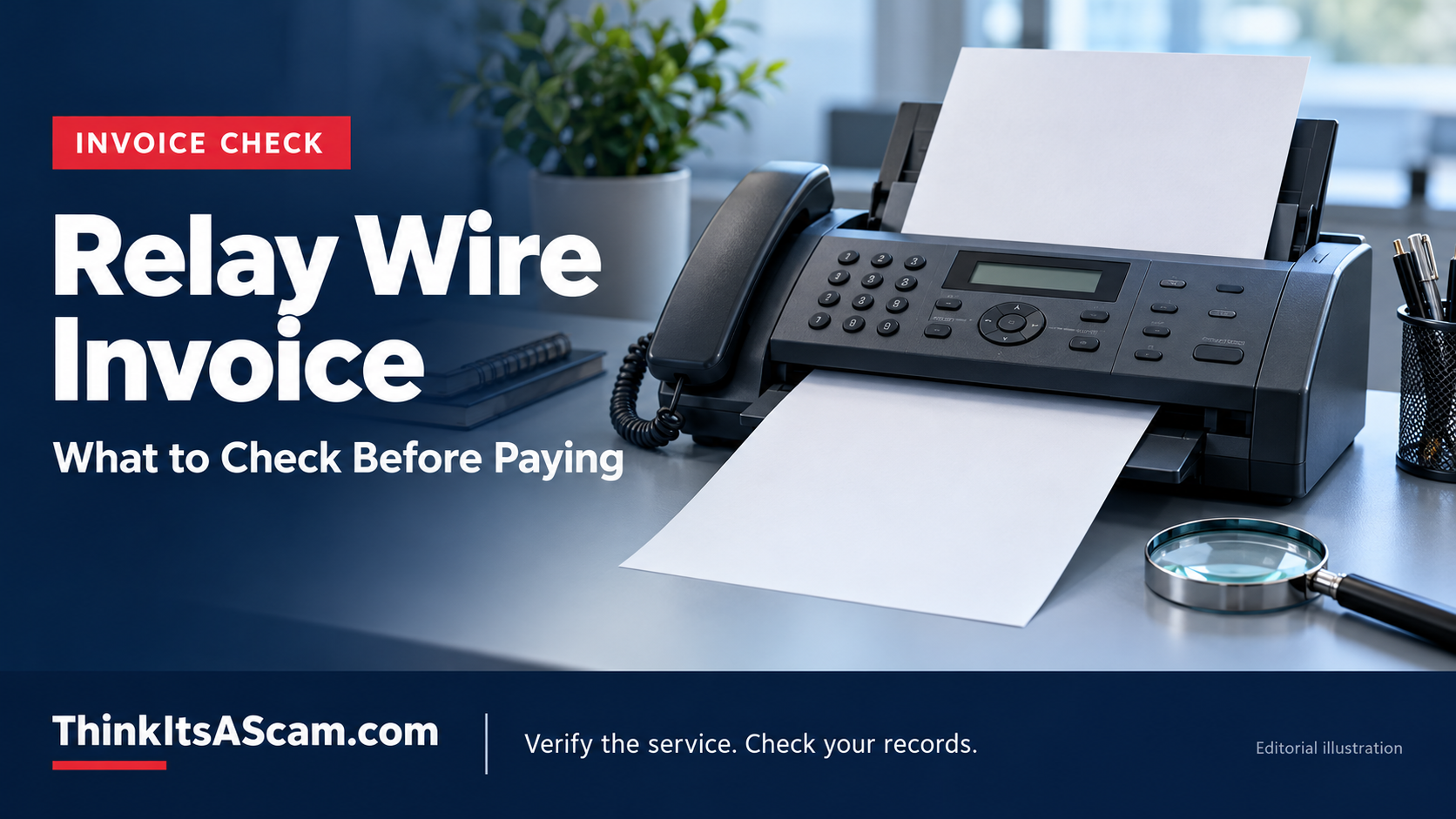 Relay Wire invoice checks, illustrated with a generic fax machine, blank paper and magnifying glass.