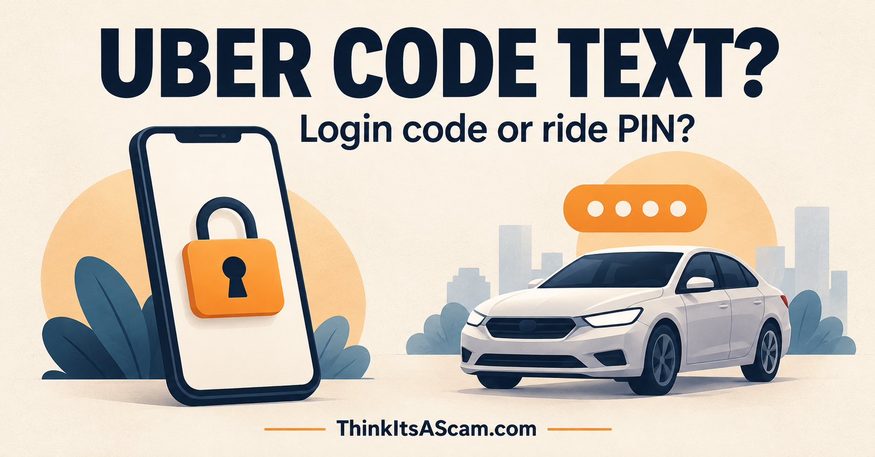 Uber code text illustration comparing an account-security lock on a phone with a car and ride PIN symbol.
