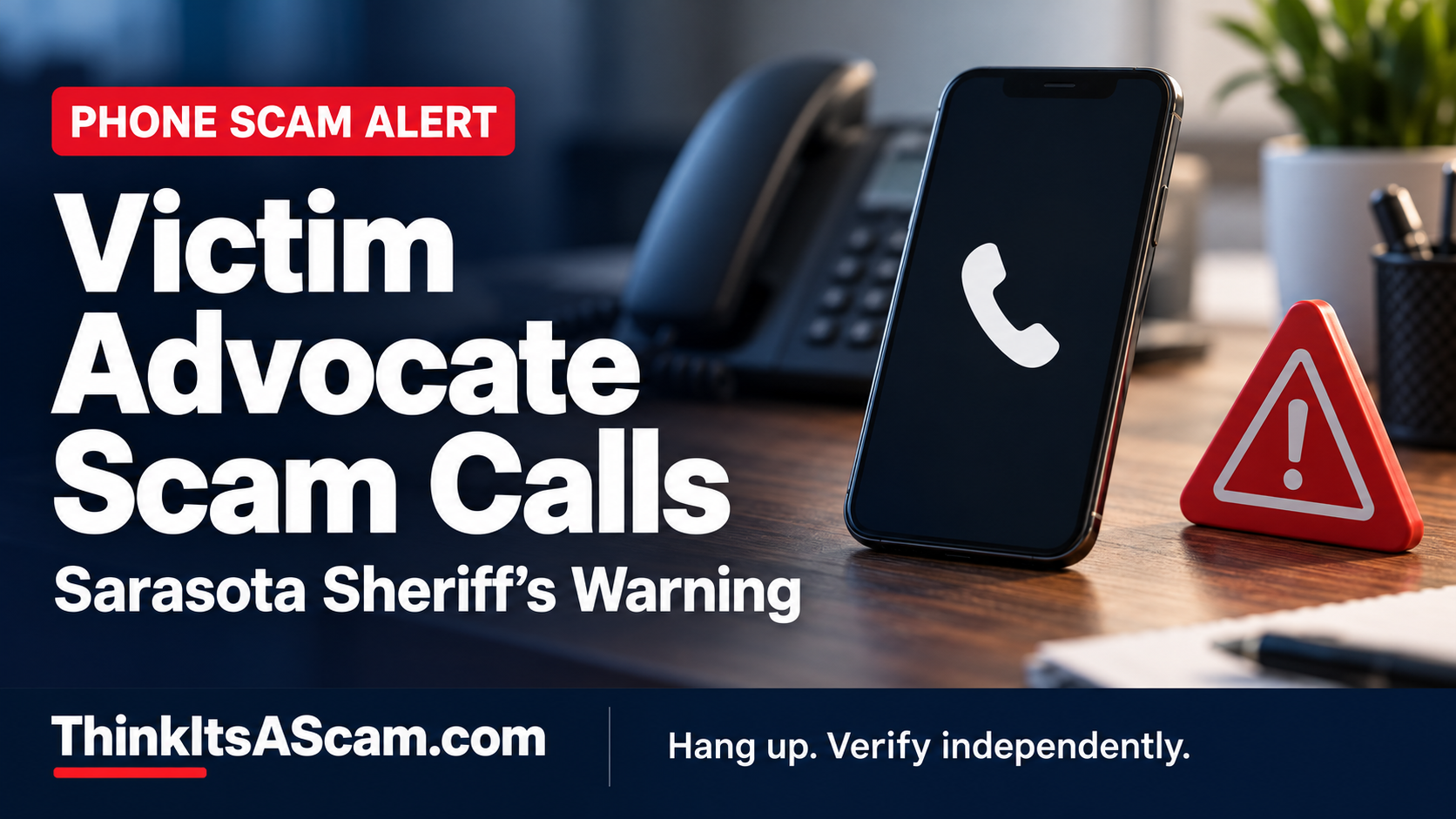 Victim advocate scam calls: Sarasota Sheriff's warning, illustrated with a generic phone and warning symbol.